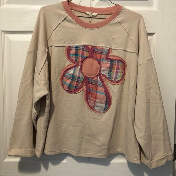 easel Sweaters - Easel Beige Sweater with Plaid Flower